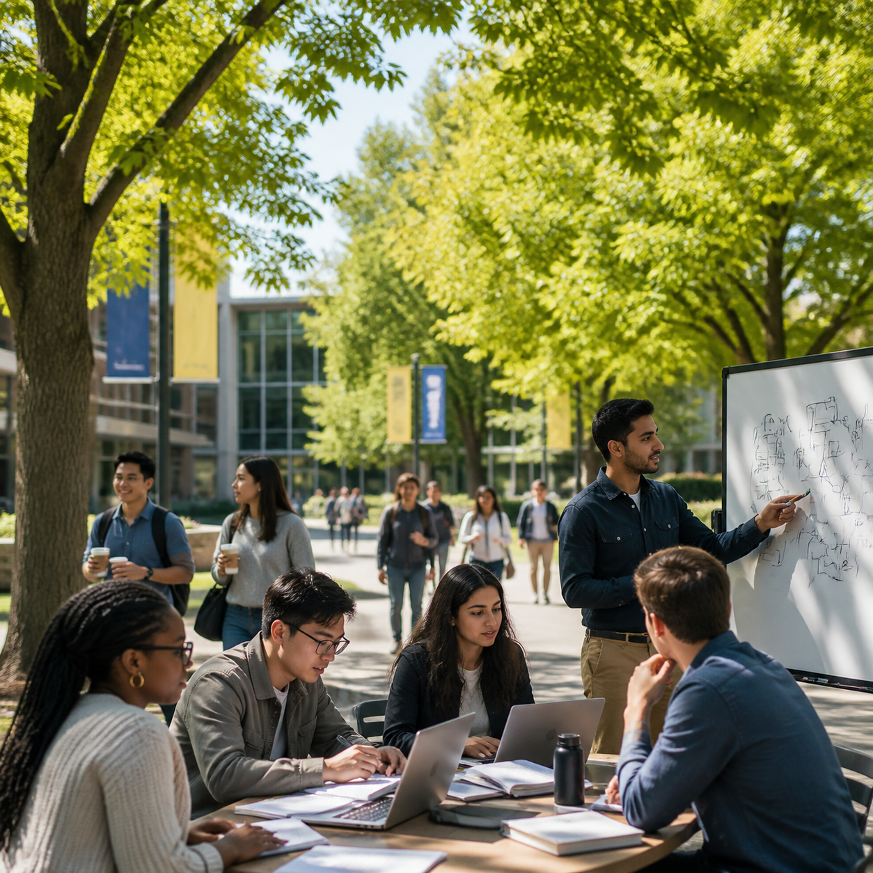 Doctoral Students Collaborating on Campus at Dusk