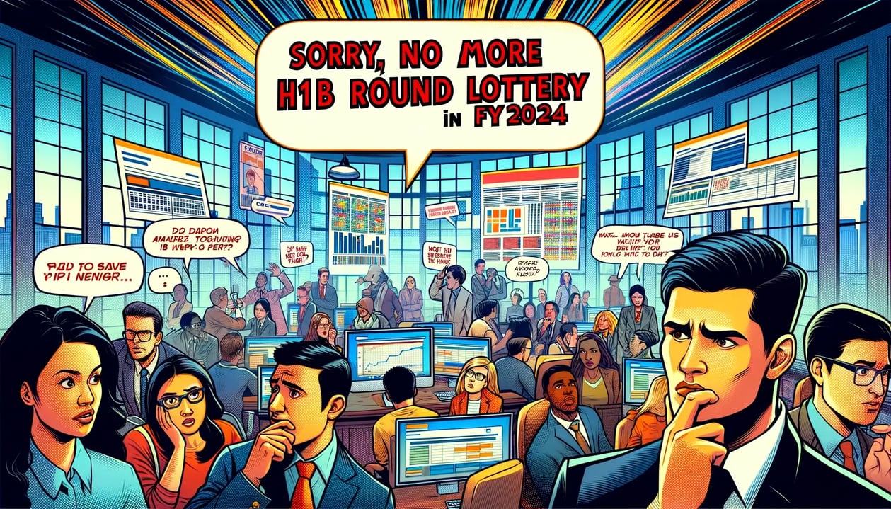 DALL·E 2023-12-20 16.42.42 - A dynamic comic book style illustration depicting the headline, _Sorry, No More H1B Third Round Lottery in FY2024._ The scene shows a bustling office 