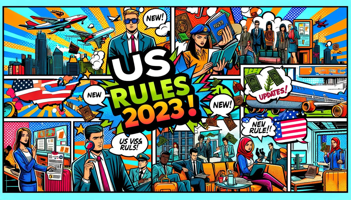 DALL·E 2024-01-02 09.50.08 - Design a comic book-style thumbnail for a video titled US Visa Rules 2023. The thumbnail should be colorful and dynamic, with a pop art comic aesthe